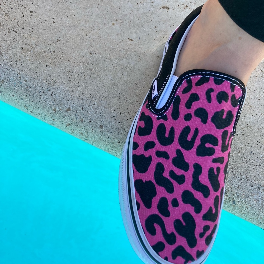 Pink and Black Leopard Vans Slip On Shoes.